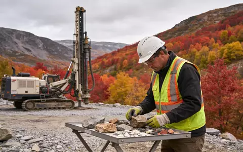 Geologe bei der Untersuchung von Gesteinsproben auf einer abgelegenen Bohrstelle in einer herbstlichen Berglandschaft. - Foto: über boerse-global.de