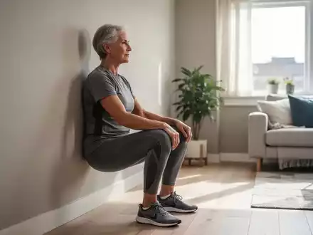 Eine Person mittleren Alters führt in einem hellen Wohnzimmer eine Wandsitz-Übung zur Stärkung der Muskulatur aus. - Foto: über boerse-global.de