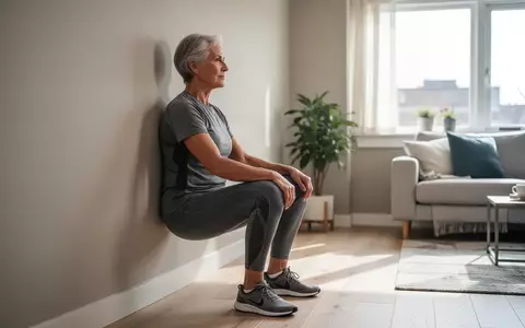 Eine Person mittleren Alters führt in einem hellen Wohnzimmer eine Wandsitz-Übung zur Stärkung der Muskulatur aus. - Foto: über boerse-global.de