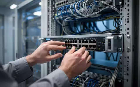 Ein Techniker arbeitet an moderner Netzwerkhardware in einem professionellen Serverraum mit blauer Akzentbeleuchtung. - Foto: über boerse-global.de
