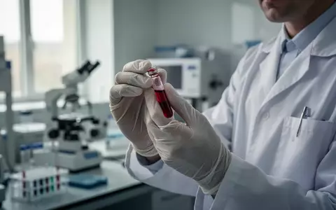 Eine Labormitarbeiterin hält ein Röhrchen mit einer Blutprobe in einem hellen, modernen medizinischen Forschungslabor. - Foto: über boerse-global.de