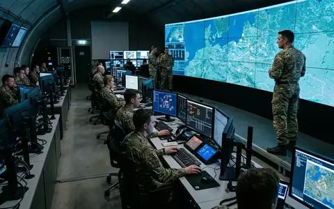 Ein hochmodernes NATO-Kommandozentrum mit taktischen Bildschirmen und digitaler Überwachungstechnik. - Foto: über boerse-global.de