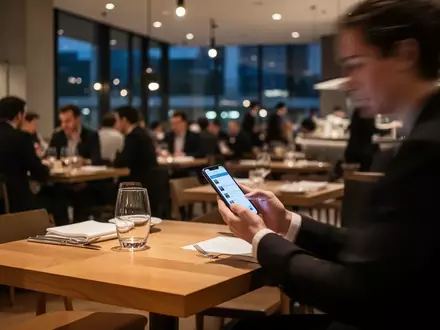 Eine Person sitzt an einem Restauranttisch und nutzt ein Smartphone in einem stimmungsvoll beleuchteten Gastraum. - Foto: über boerse-global.de