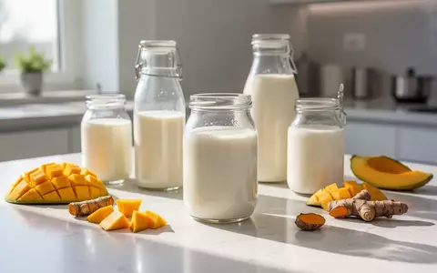 Verschiedene hochwertige Kefir-Produkte und frische Zutaten wie Mango und Kurkuma auf einer hellen Küchenoberfläche. - Foto: über boerse-global.de
