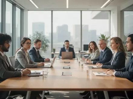 Ein diverses Team in einem modernen hellen Büro bei einer Besprechung an einem großen Konferenztisch. - Foto: über boerse-global.de