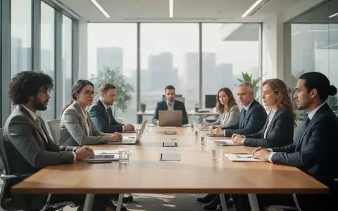 Ein diverses Team in einem modernen hellen Büro bei einer Besprechung an einem großen Konferenztisch. - Foto: über boerse-global.de