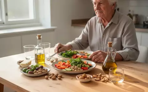 Eine ältere Person sitzt an einem hellen Holztisch und bereitet eine gesunde, mediterrane Mahlzeit mit frischem Gemüse zu. - Foto: über boerse-global.de