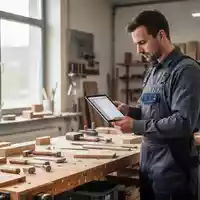 Ein Handwerker betrachtet konzentriert ein Tablet an einer sauberen Werkbank in einer hellen Werkstatt. - Foto: über boerse-global.de