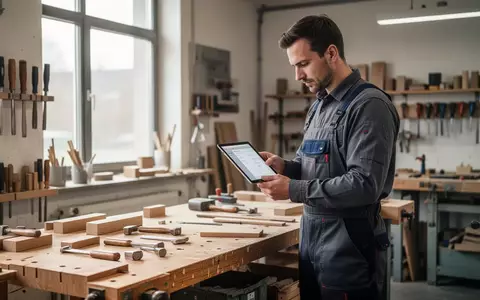 Ein Handwerker betrachtet konzentriert ein Tablet an einer sauberen Werkbank in einer hellen Werkstatt. - Foto: über boerse-global.de