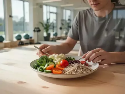Eine Person beim gesunden Essen an einem hellen Holztisch in einem modernen Kursraum für Gesundheitsprävention. - Foto: über boerse-global.de