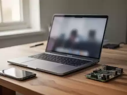 Ein moderner Arbeitsplatz mit Laptop, Smartphone und einem Einplatinencomputer auf einem Schreibtisch. - Foto: über boerse-global.de