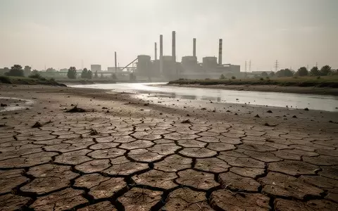 Ein ausgetrocknetes Flussbett mit rissigem Boden vor einem Industriekraftwerk bei extremer Hitze. - Foto: über boerse-global.de
