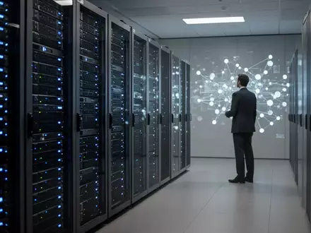 Ein moderner Serverraum mit leuchtenden Datenknoten in einem Bürogebäude, symbolisch für digitale Überwachung. - Foto: über boerse-global.de