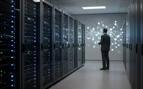 Ein moderner Serverraum mit leuchtenden Datenknoten in einem Bürogebäude, symbolisch für digitale Überwachung. - Foto: über boerse-global.de