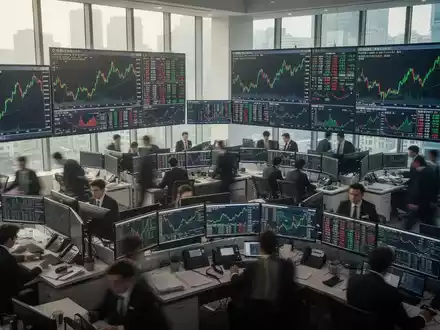 Ein belebter Börsensaal in Seoul mit grünen Kursgrafiken auf Bildschirmen, die einen positiven Markttrend symbolisieren. - Foto: über boerse-global.de
