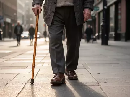 Eine ältere Person geht mit einem Gehstock konzentriert über einen gepflasterten Gehweg im städtischen Raum. - Foto: über boerse-global.de