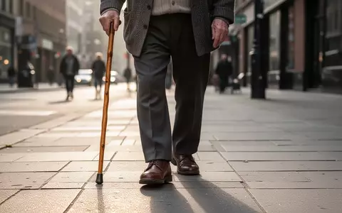 Eine ältere Person geht mit einem Gehstock konzentriert über einen gepflasterten Gehweg im städtischen Raum. - Foto: über boerse-global.de