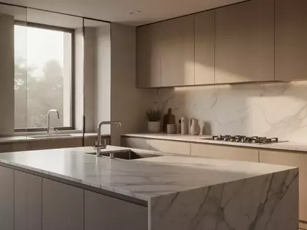 Minimalistisch gestaltete, moderne Luxusküche mit aufgeräumten Arbeitsflächen und klaren Linien bei natürlichem Lichteinfall. - Foto: über boerse-global.de