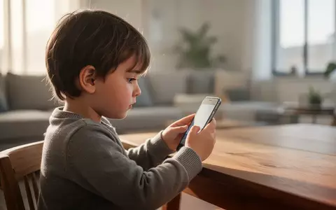 Ein Kind betrachtet konzentriert ein Smartphone in einem hellen, modern eingerichteten Wohnzimmer. - Foto: über boerse-global.de