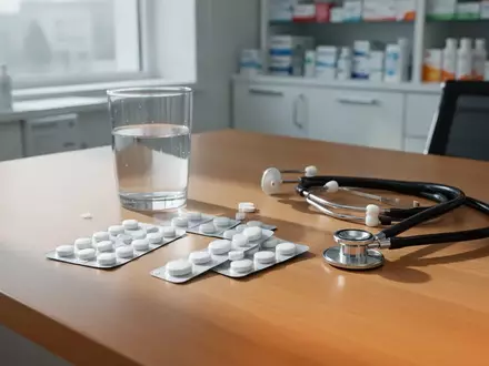 Medikamentenpackungen und ein Stethoskop auf einem hellen Apothekentisch bei natürlichem Licht. - Foto: über boerse-global.de