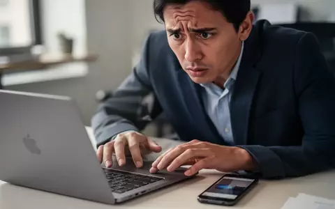 Eine besorgte Person sitzt an einem Schreibtisch mit Laptop und Smartphone und prüft eine verdächtige Nachricht. - Foto: über boerse-global.de