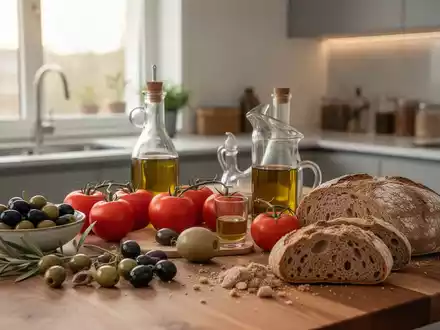 Frische mediterrane Lebensmittel wie Oliven, Tomaten und Vollkornbrot auf einem Holztisch in einer hellen Küche. - Foto: über boerse-global.de