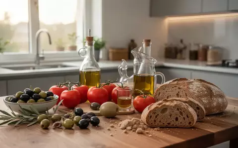 Frische mediterrane Lebensmittel wie Oliven, Tomaten und Vollkornbrot auf einem Holztisch in einer hellen Küche. - Foto: über boerse-global.de