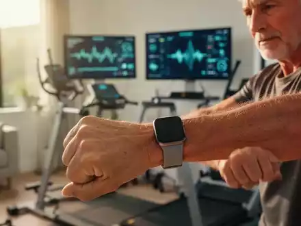 Eine Person mittleren Alters trainiert in einem modernen Fitnessraum und trägt eine Smartwatch zur Gesundheitsanalyse. - Foto: über boerse-global.de