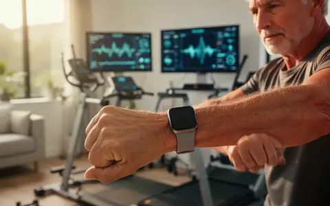 Eine Person mittleren Alters trainiert in einem modernen Fitnessraum und trägt eine Smartwatch zur Gesundheitsanalyse. - Foto: über boerse-global.de