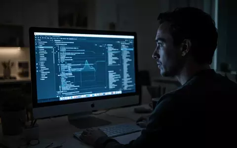 Ein beleuchteter Computerbildschirm in einem dunklen Büro, der das Gesicht einer Person im Halbschatten erhellt. - Foto: über boerse-global.de