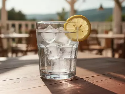 Ein Glas Mineralwasser mit Eiswürfeln und Zitrone auf einem Holztisch bei sommerlichem Sonnenlicht. - Foto: über boerse-global.de