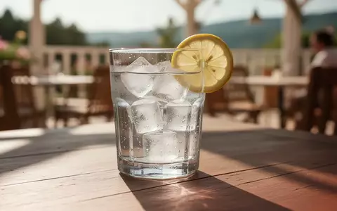 Ein Glas Mineralwasser mit Eiswürfeln und Zitrone auf einem Holztisch bei sommerlichem Sonnenlicht. - Foto: über boerse-global.de