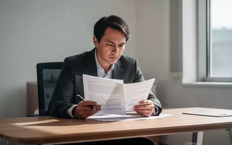 Eine konzentrierte Person liest ein gedrucktes Dokument an einem hellen Schreibtisch in einem modernen Büro. - Foto: über boerse-global.de