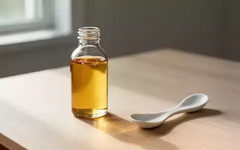 Eine kleine Glasflasche mit Lebertran und ein weißer Löffel stehen auf einem hellen Holztisch in natürlichem Licht. - Foto: über boerse-global.de