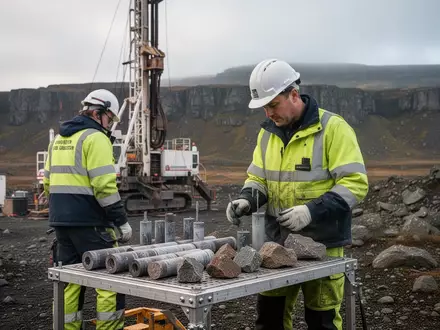 Geologe bei der Untersuchung von Gesteinsproben auf einer geologischen Erkundungsstelle im Freien. - Foto: über boerse-global.de
