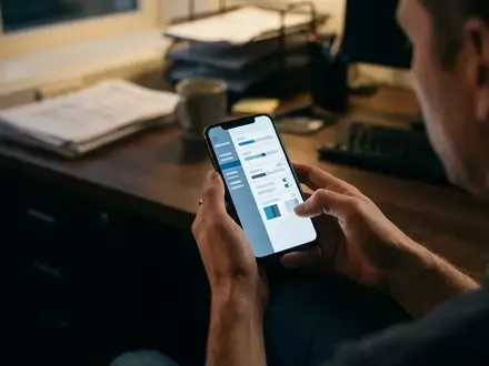 Eine Person hält ein Smartphone in einer professionellen Büroumgebung, Fokus auf die Sicherheitseinstellungen des Geräts. - Foto: über boerse-global.de
