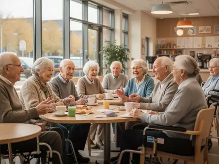 Eine Gruppe älterer Menschen sitzt in einem hellen, barrierefreien Gemeinschaftszentrum zusammen und unterhält sich. - Foto: über boerse-global.de