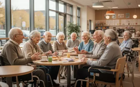Eine Gruppe älterer Menschen sitzt in einem hellen, barrierefreien Gemeinschaftszentrum zusammen und unterhält sich. - Foto: über boerse-global.de
