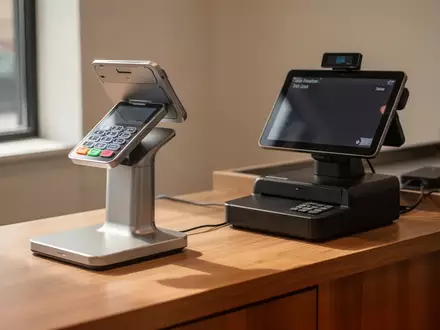 Modernes Kassensystem mit digitalem Terminal auf einem Ladentresen in einer hellen, minimalistischen Umgebung. - Foto: über boerse-global.de