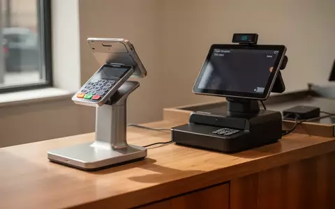 Modernes Kassensystem mit digitalem Terminal auf einem Ladentresen in einer hellen, minimalistischen Umgebung. - Foto: über boerse-global.de