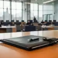 Ein leerer Schreibtisch in einem Regierungsbüro mit einer Ledermappe und einem Füllfederhalter vor verschwommenem Hintergrund. - Foto: über boerse-global.de