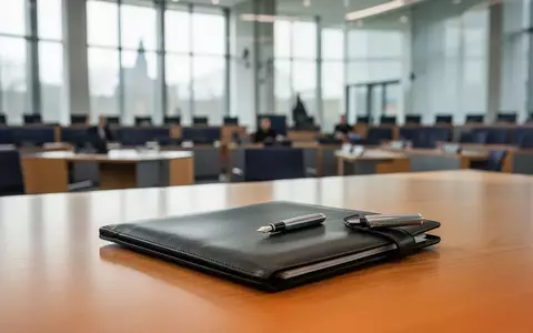 Ein leerer Schreibtisch in einem Regierungsbüro mit einer Ledermappe und einem Füllfederhalter vor verschwommenem Hintergrund. - Foto: über boerse-global.de