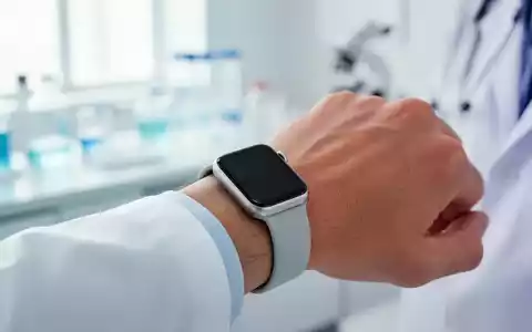 Nahaufnahme einer modernen Smartwatch am Handgelenk vor einem unscharfen, hellen Hintergrund in einer medizinischen Umgebung. - Foto: über boerse-global.de