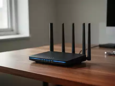 Ein moderner WLAN-Router auf einem Schreibtisch in einer hellen Büroumgebung. - Foto: über boerse-global.de