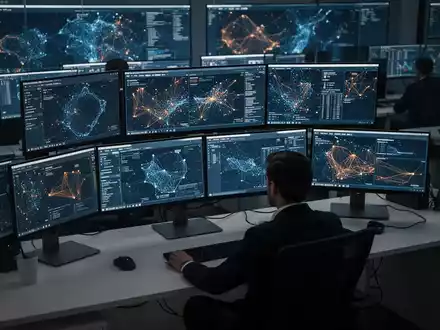 Ein Cybersicherheitsanalyst arbeitet in einem modernen Sicherheitszentrum vor mehreren Monitoren mit komplexen Daten. - Foto: über boerse-global.de