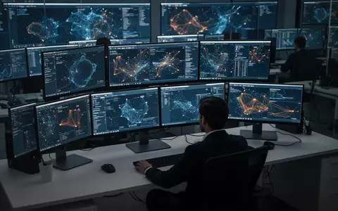 Ein Cybersicherheitsanalyst arbeitet in einem modernen Sicherheitszentrum vor mehreren Monitoren mit komplexen Daten. - Foto: über boerse-global.de