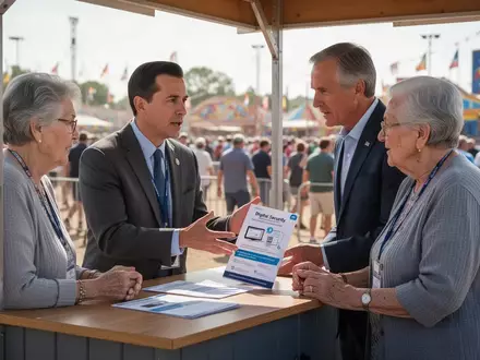 Ein Regierungsvertreter berät ein älteres Ehepaar an einem Informationsstand auf einer Messe zu Themen der digitalen Sicherheit. - Foto: über boerse-global.de