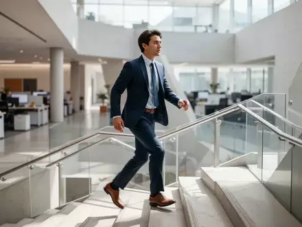 Eine Person in Business-Kleidung steigt zügig eine moderne Treppe in einem hellen Bürogebäude hinauf. - Foto: über boerse-global.de