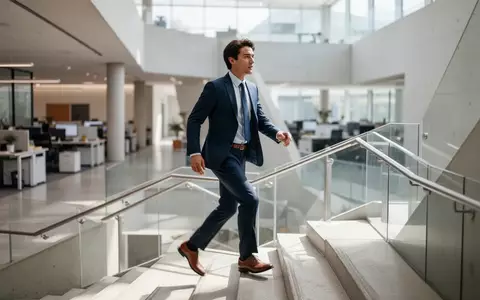 Eine Person in Business-Kleidung steigt zügig eine moderne Treppe in einem hellen Bürogebäude hinauf. - Foto: über boerse-global.de