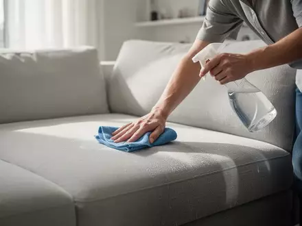 Eine Person reinigt ein Polstersofa mit einem Mikrofasertuch in einem hellen, modern eingerichteten Wohnzimmer. - Foto: über boerse-global.de
